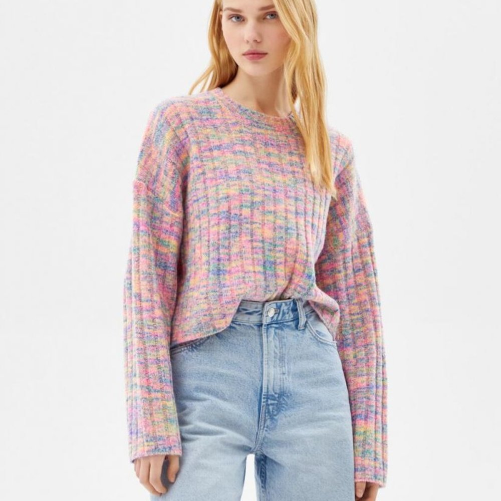 Bershka Pink Confetti Cropped Crewneck Fall Space Dye Sweater in Size Small